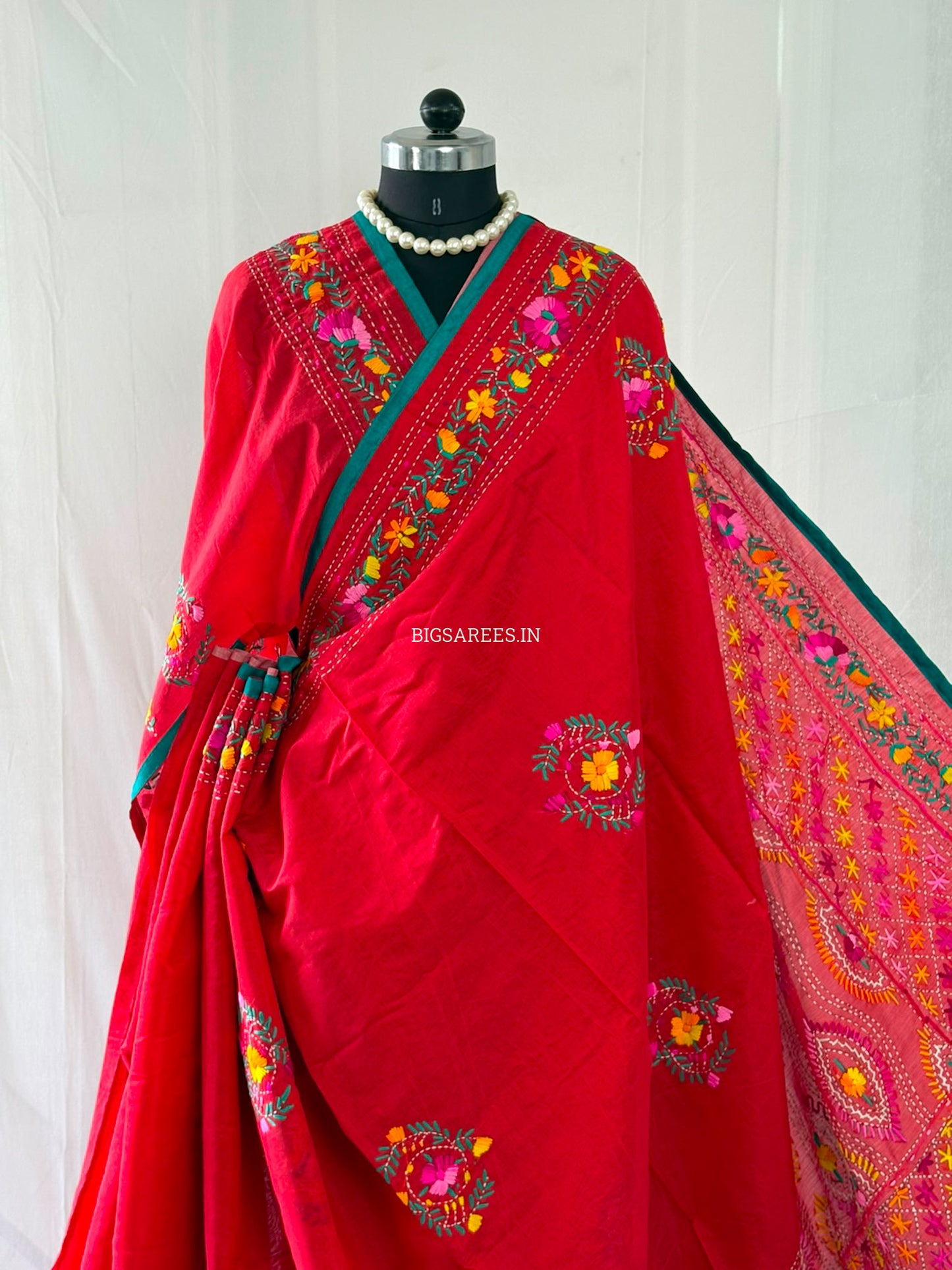 Phulkari Hand-Embroidered Saree | Chanderi Silk | Red