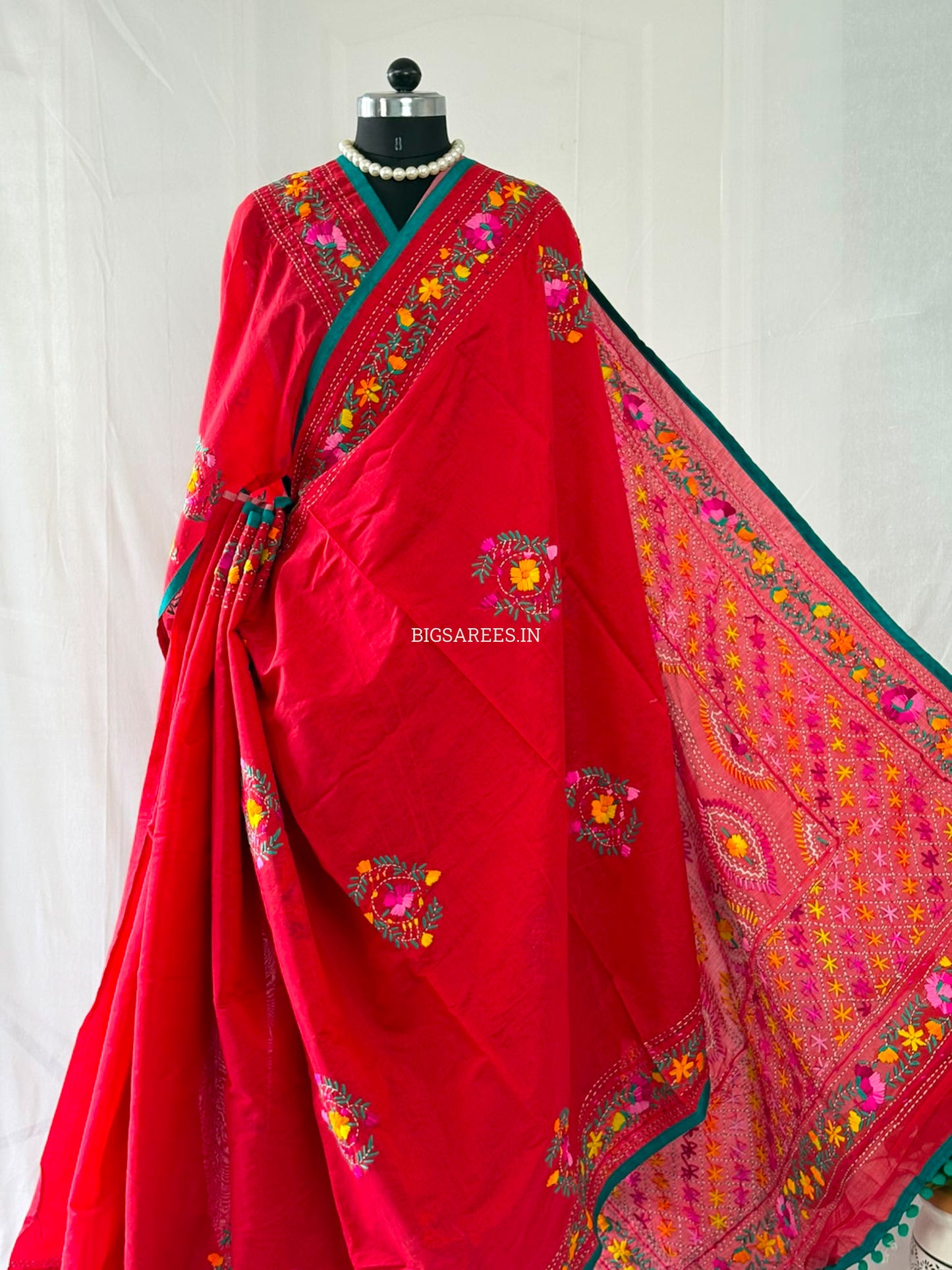 Phulkari Hand-Embroidered Saree | Chanderi Silk | Red