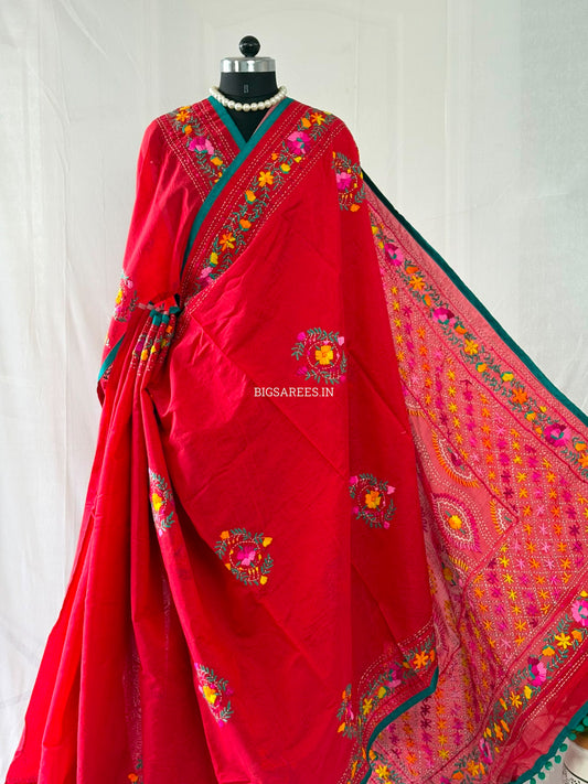 Phulkari Hand-Embroidered Saree | Chanderi Silk | Red