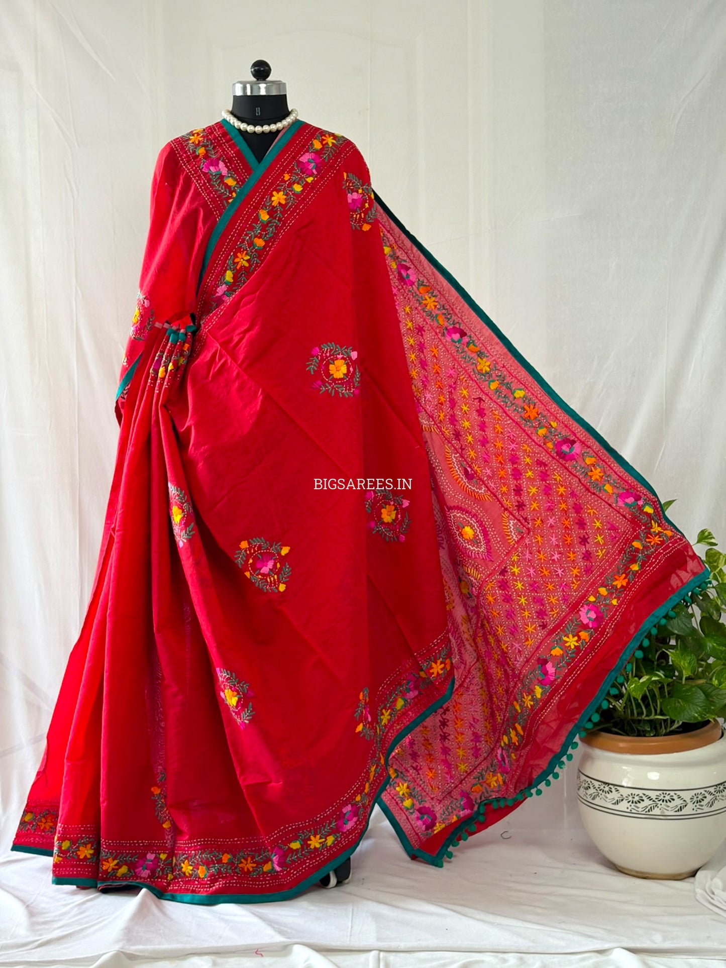 Phulkari Hand-Embroidered Saree | Chanderi Silk | Red