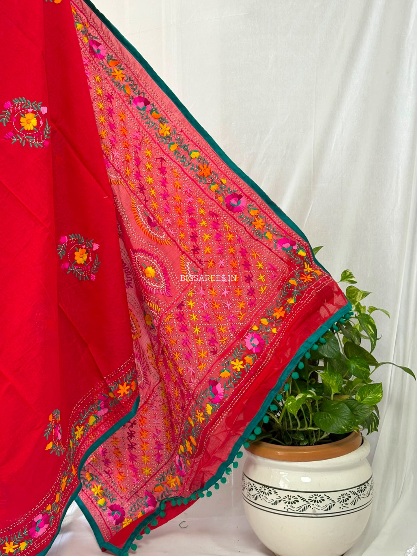 Phulkari Hand-Embroidered Saree | Chanderi Silk | Red