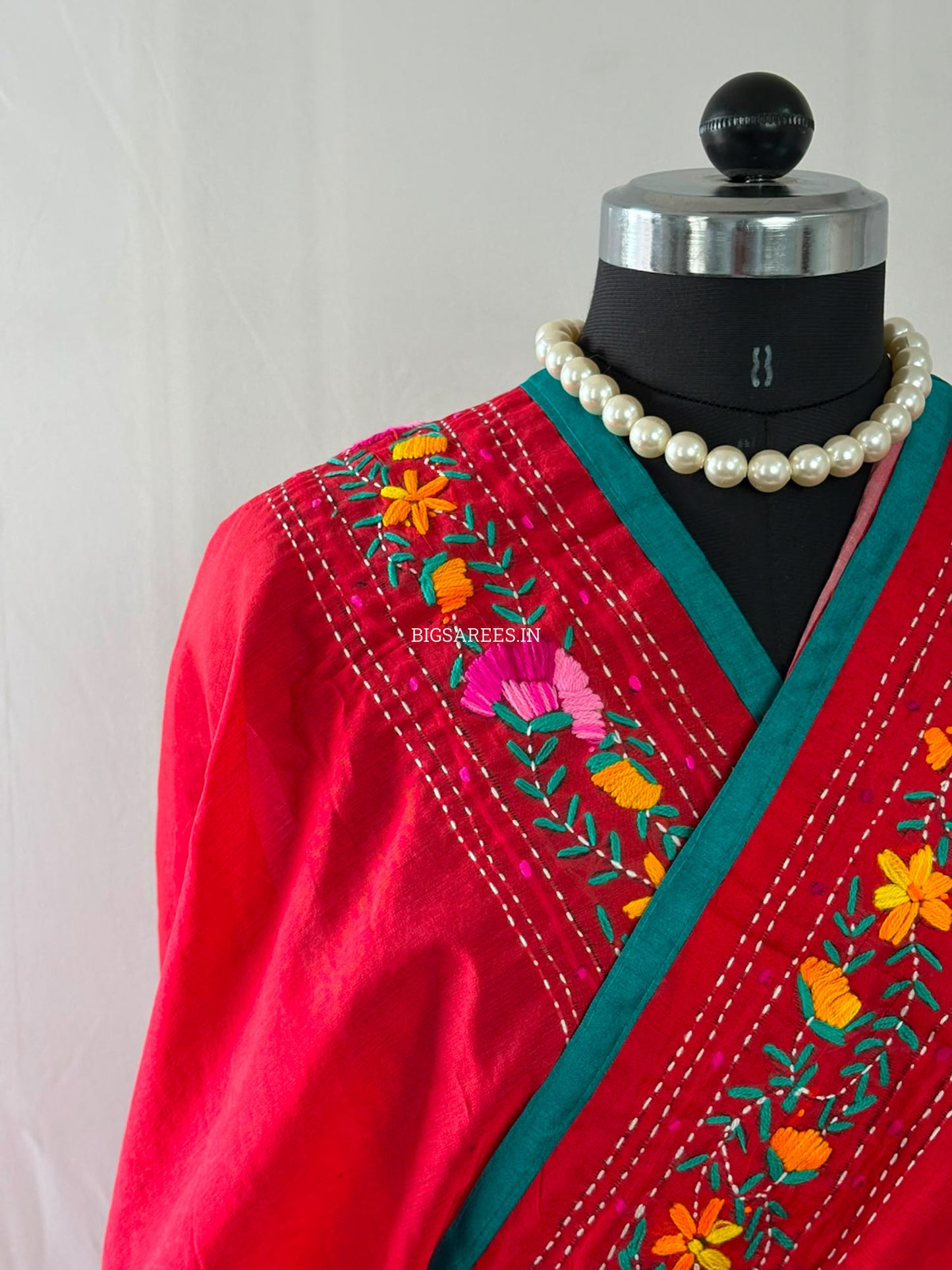 Phulkari Hand-Embroidered Saree | Chanderi Silk | Red