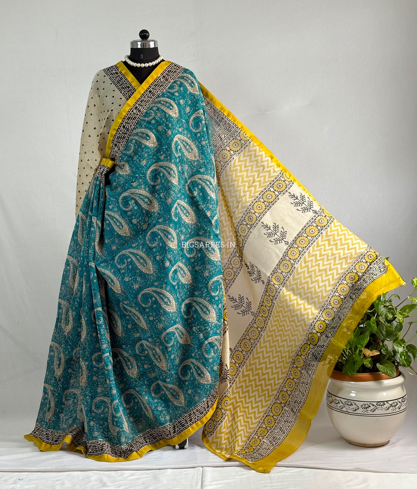 Hand Block Print Saree | Chanderi Silk | Teal