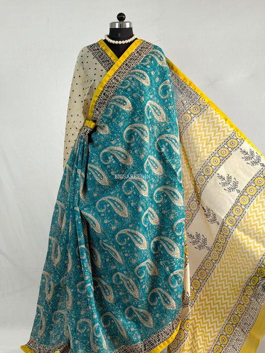 Hand Block Print Saree | Chanderi Silk | Teal