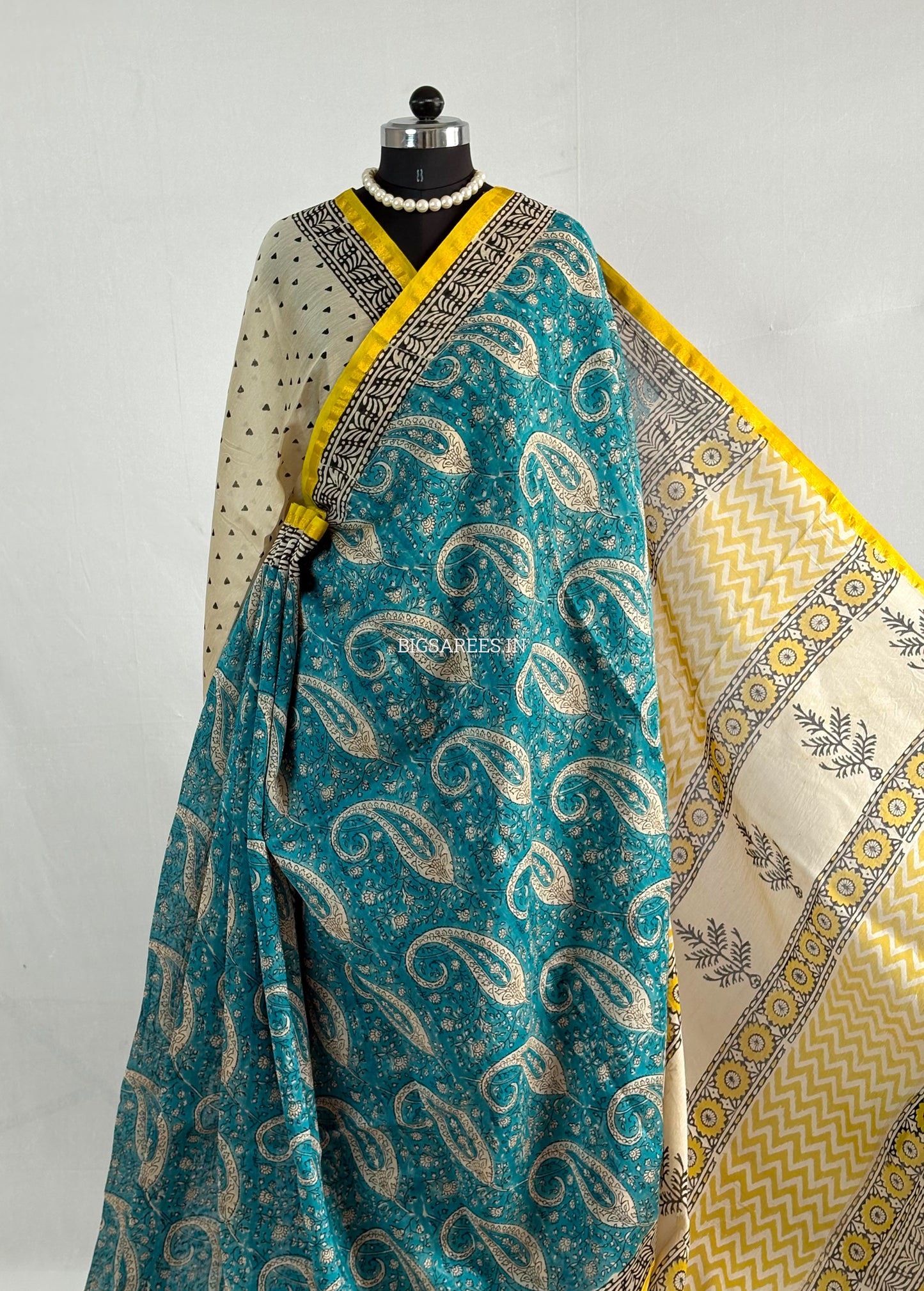 Hand Block Print Saree | Chanderi Silk | Teal