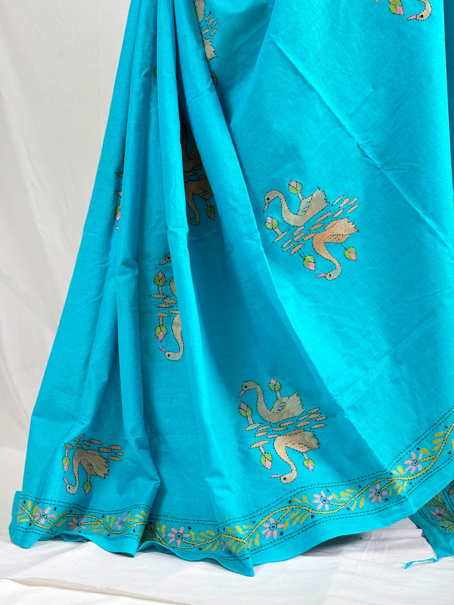 Kantha Stitch Hand-Embroidered Saree | Khadi Cotton | Royal Aqua