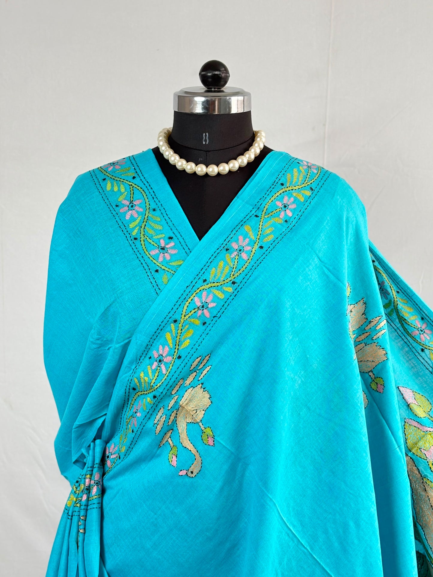 Kantha Stitch Hand-Embroidered Saree | Khadi Cotton | Royal Aqua