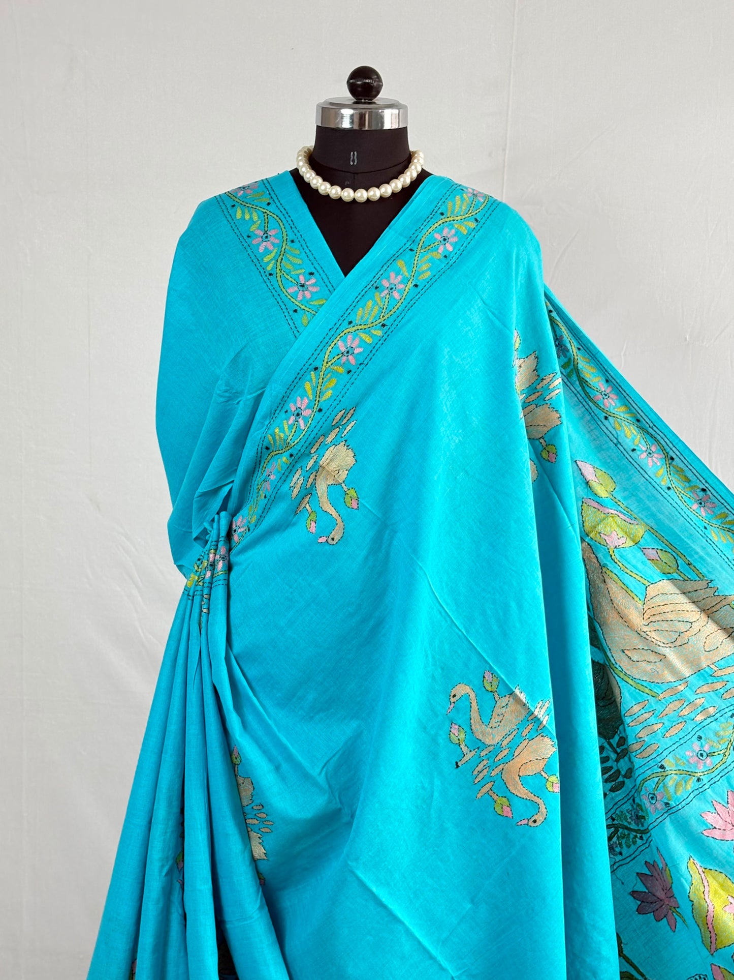 Kantha Stitch Hand-Embroidered Saree | Khadi Cotton | Royal Aqua