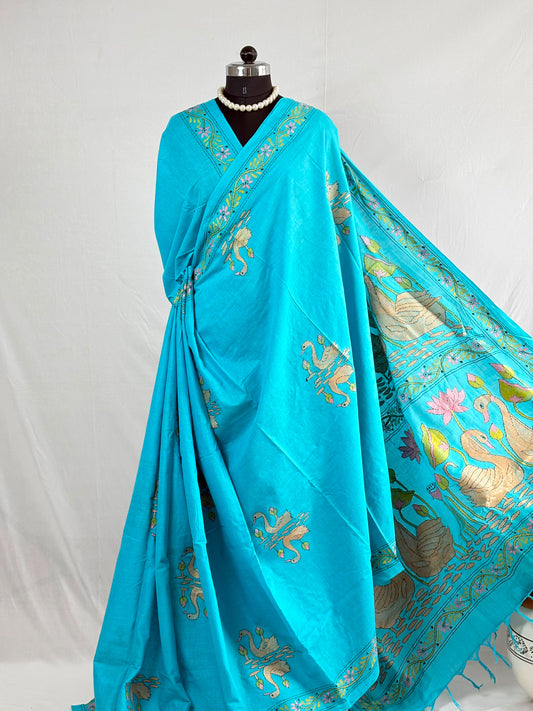 Kantha Stitch Hand-Embroidered Saree | Khadi Cotton | Royal Aqua