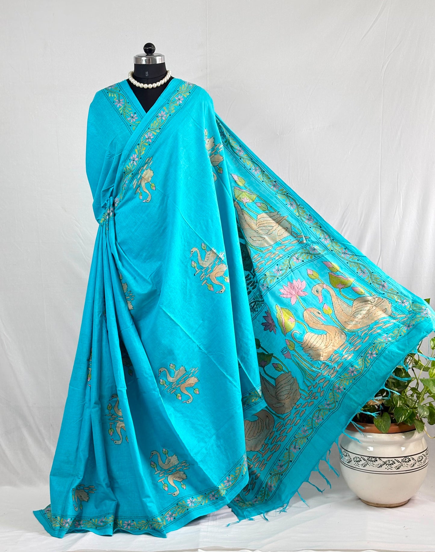 Kantha Stitch Hand-Embroidered Saree | Khadi Cotton | Royal Aqua
