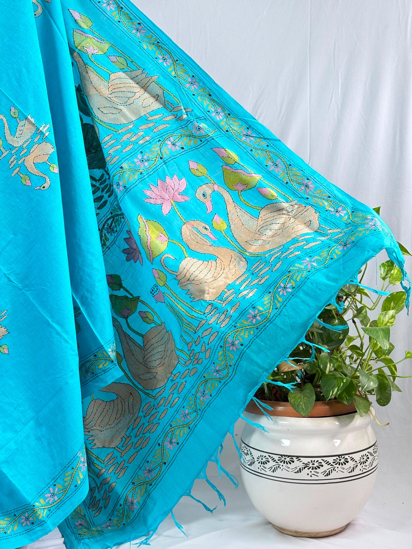 Kantha Stitch Hand-Embroidered Saree | Khadi Cotton | Royal Aqua