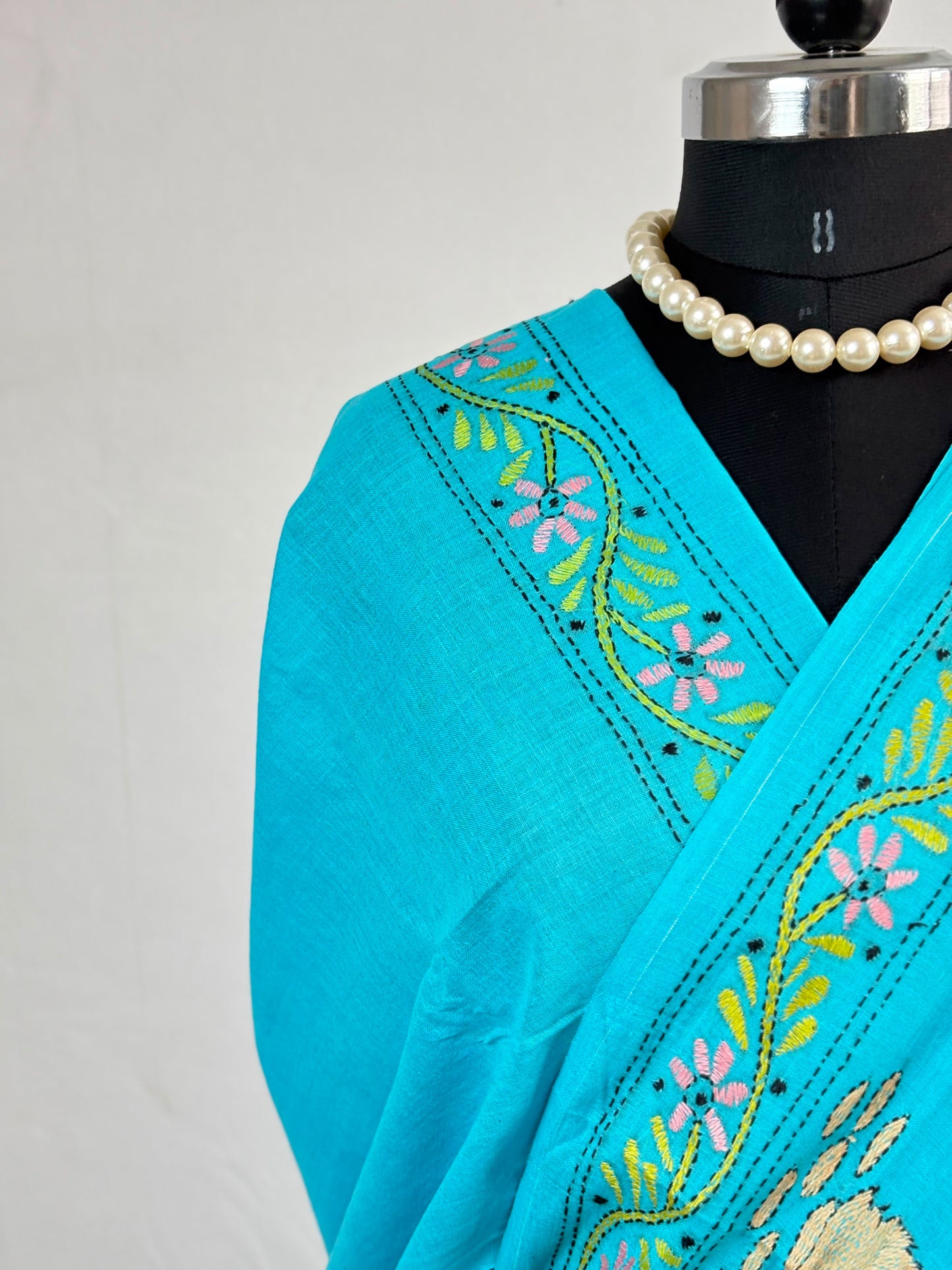 Kantha Stitch Hand-Embroidered Saree | Khadi Cotton | Royal Aqua
