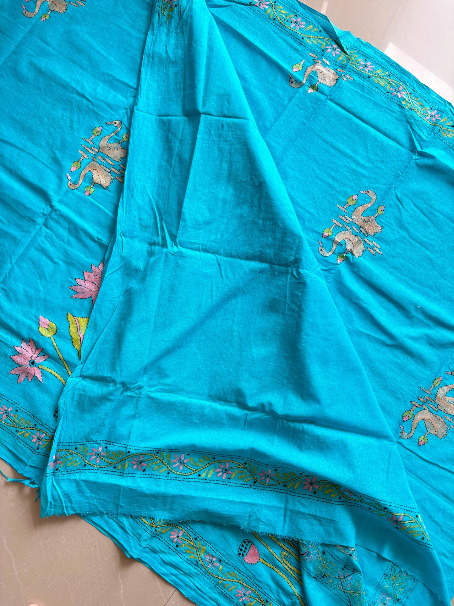 Kantha Stitch Hand-Embroidered Saree | Khadi Cotton | Royal Aqua
