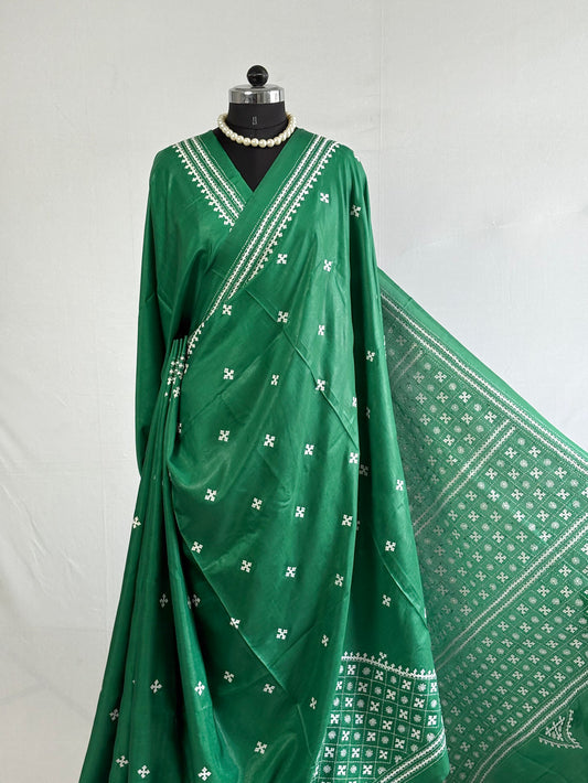 Kutchi/Gujarati Hand Embroidered Saree  | Blended Bangalore Silk / Art Silk | Green