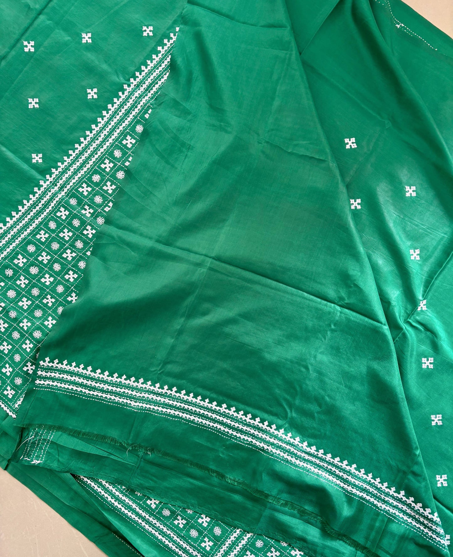 Kantha Stitch Hand Embroidered Saree | Blended Bangalore Silk / Art Silk | Green