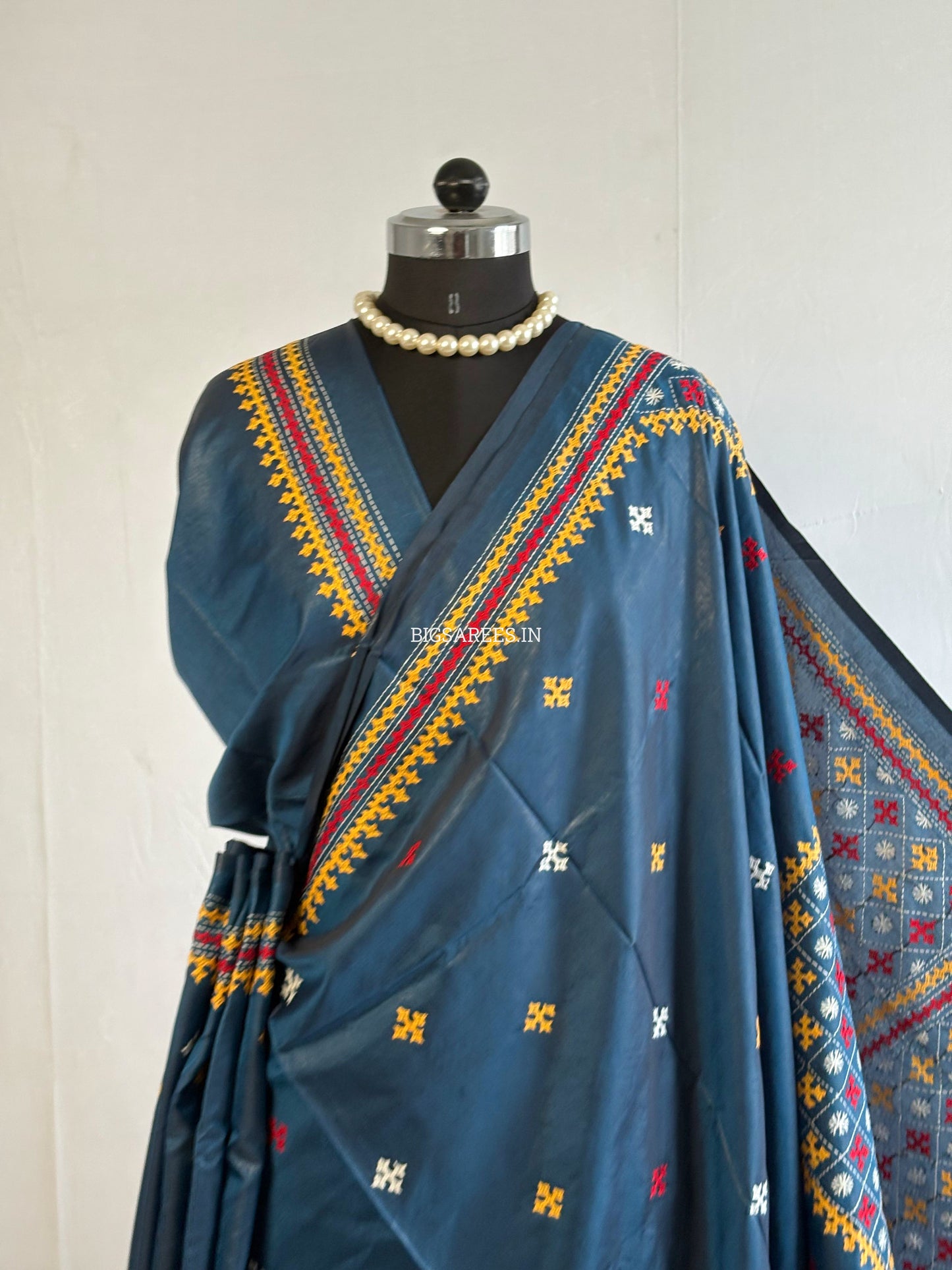 Kutchi/Gujarati Hand Embroidered Saree  | Blended Bangalore Silk / Art Silk | Peacock Blue