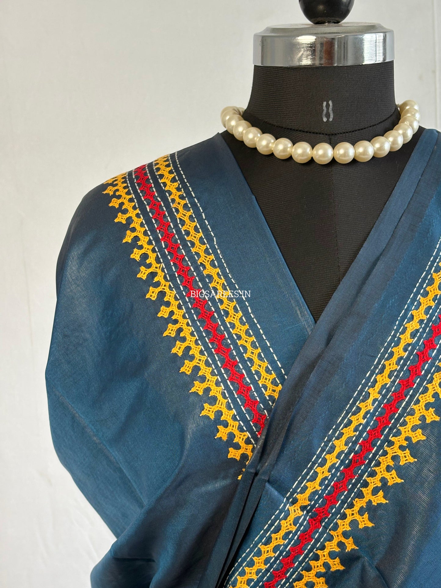 Kutchi/Gujarati Hand Embroidered Saree  | Blended Bangalore Silk / Art Silk | Peacock Blue