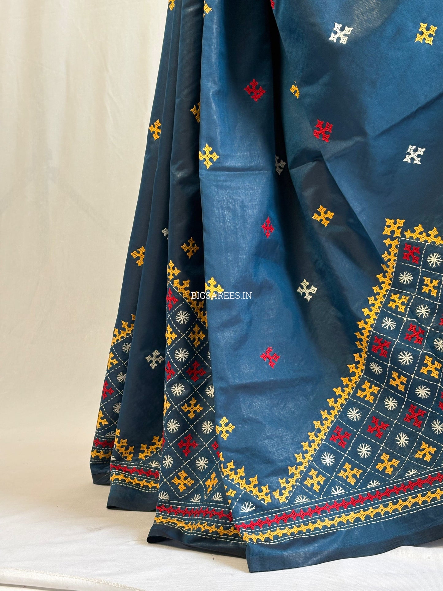 Kutchi/Gujarati Hand Embroidered Saree  | Blended Bangalore Silk / Art Silk | Peacock Blue