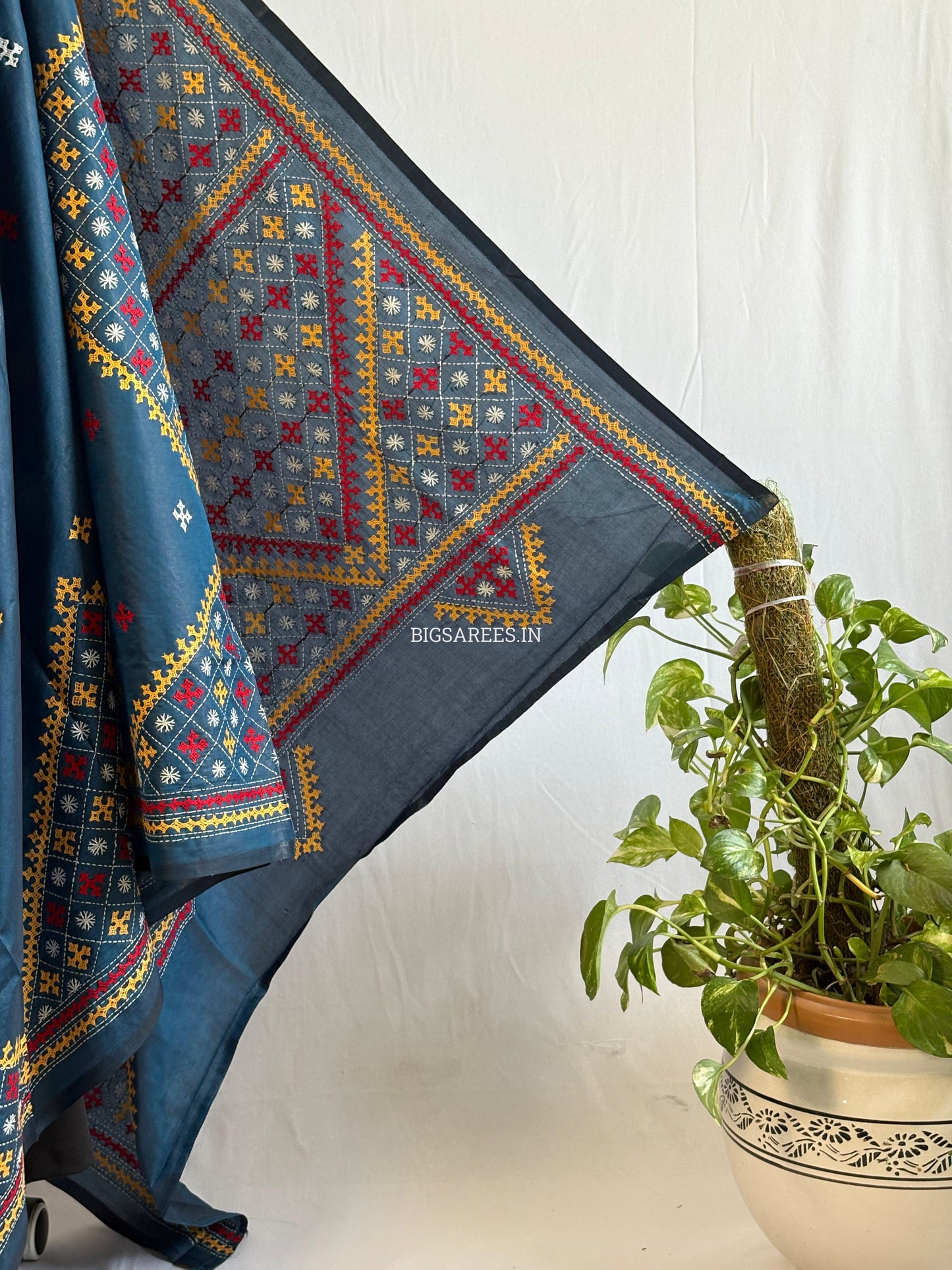 Kutchi/Gujarati Hand Embroidered Saree  | Blended Bangalore Silk / Art Silk | Peacock Blue