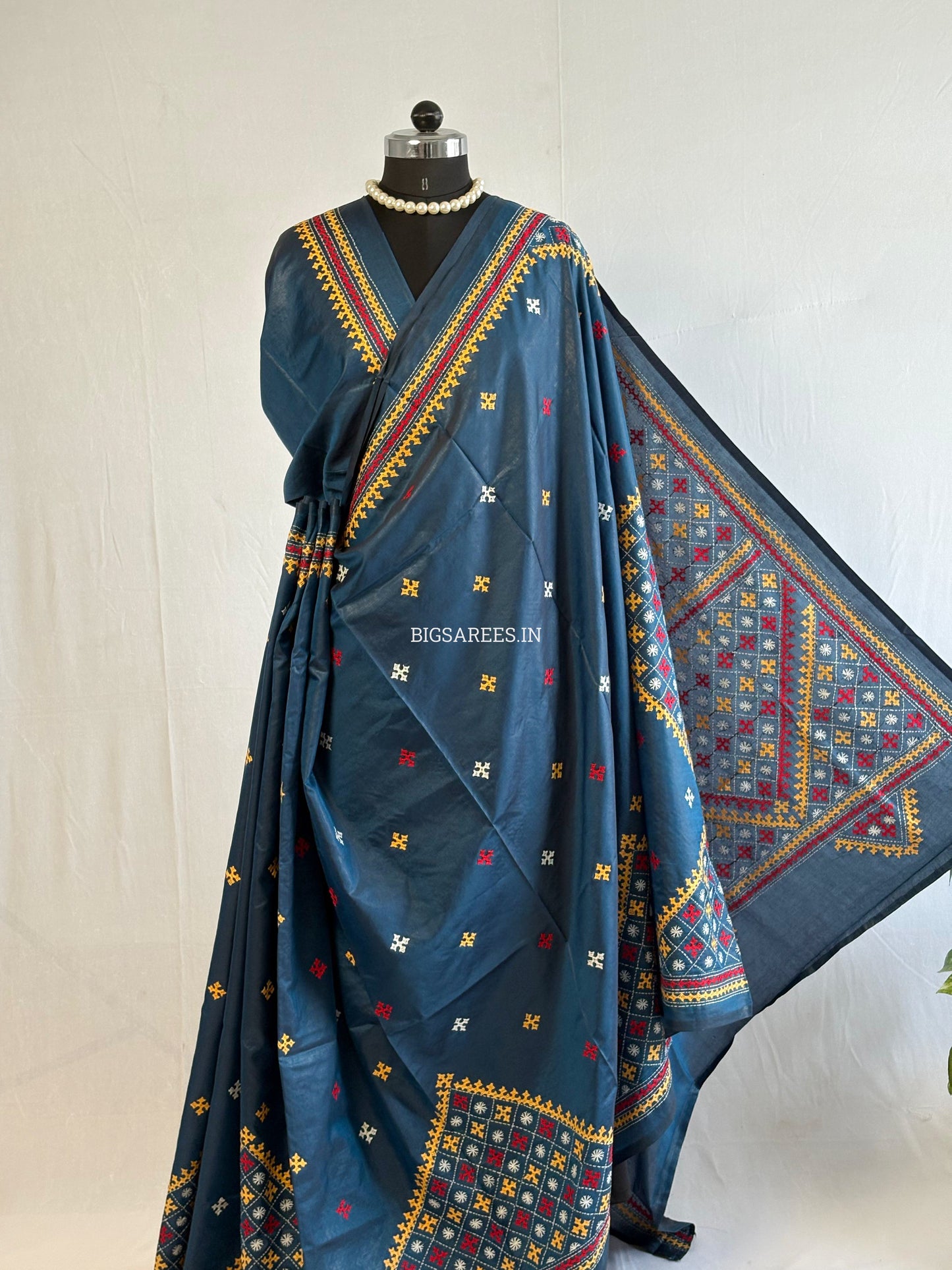 Kutchi/Gujarati Hand Embroidered Saree  | Blended Bangalore Silk / Art Silk | Peacock Blue