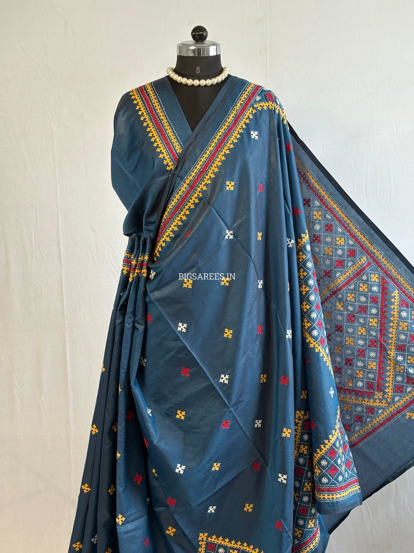 Kutchi/Gujarati Hand Embroidered Saree  | Blended Bangalore Silk / Art Silk | Peacock Blue