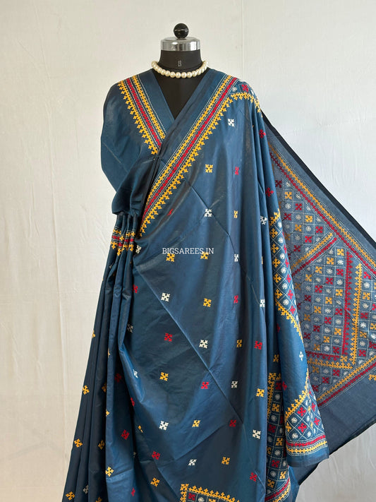 Kutchi/Gujarati Hand Embroidered Saree  | Blended Bangalore Silk / Art Silk | Peacock Blue