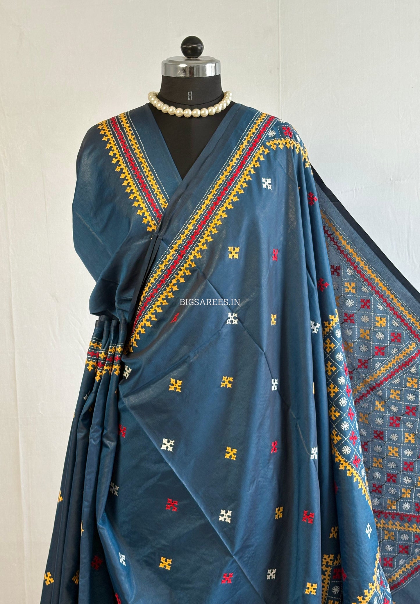 Kutchi/Gujarati Hand Embroidered Saree  | Blended Bangalore Silk / Art Silk | Peacock Blue