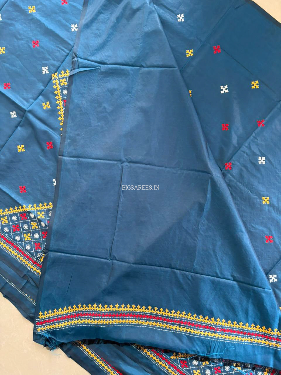 Kutchi/Gujarati Hand Embroidered Saree  | Blended Bangalore Silk / Art Silk | Peacock Blue