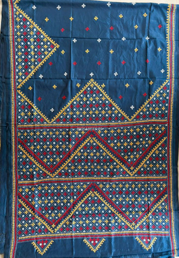 Kutchi/Gujarati Hand Embroidered Saree  | Blended Bangalore Silk / Art Silk | Peacock Blue
