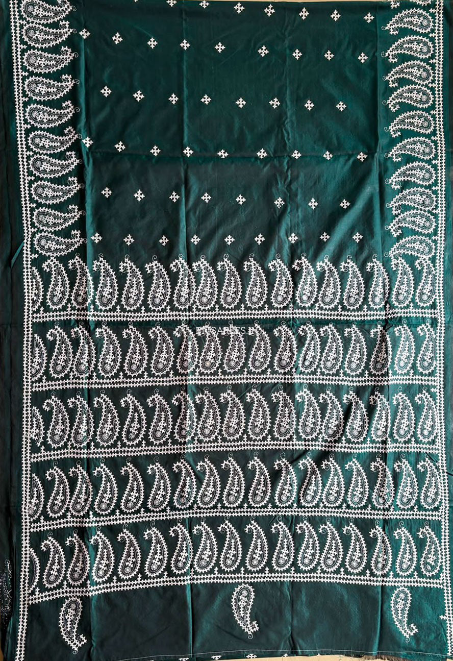 Kutchi/Gujarati Hand Embroidered Saree  | Blended Bangalore Silk / Art Silk | Emerald Green