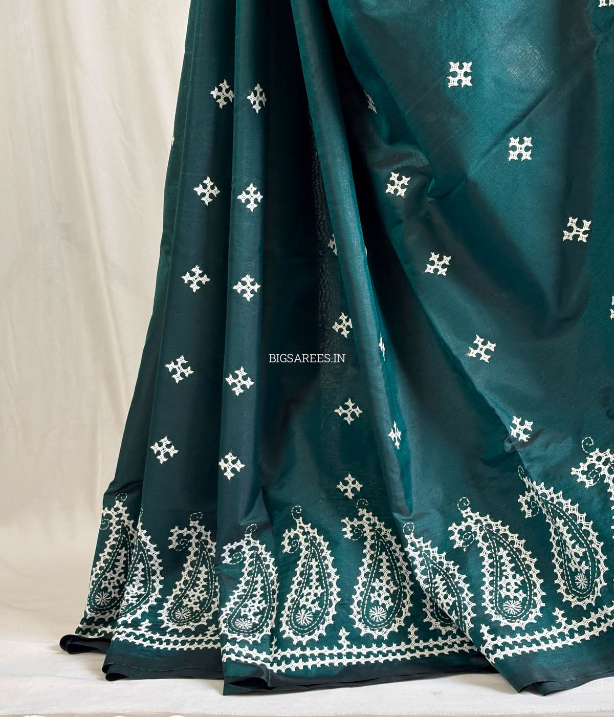 Kutchi/Gujarati Hand Embroidered Saree  | Blended Bangalore Silk / Art Silk | Emerald Green