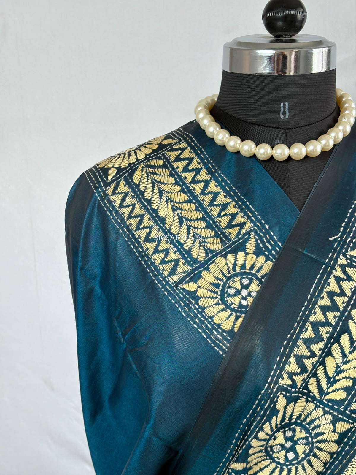 Kantha - Stitch Hand Embroidered Saree | Blended Bangalore Silk / Art Silk | Peacock Blue