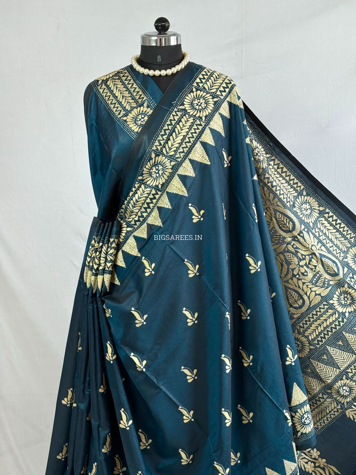 Kantha - Stitch Hand Embroidered Saree | Blended Bangalore Silk / Art Silk | Peacock Blue