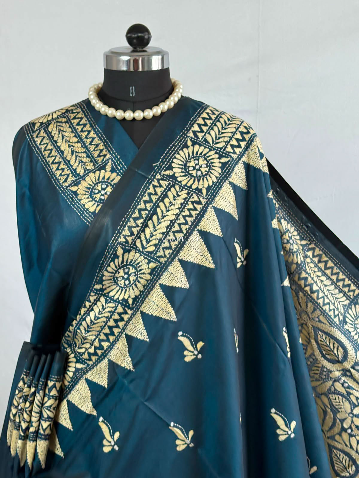 Kantha - Stitch Hand Embroidered Saree | Blended Bangalore Silk / Art Silk | Peacock Blue