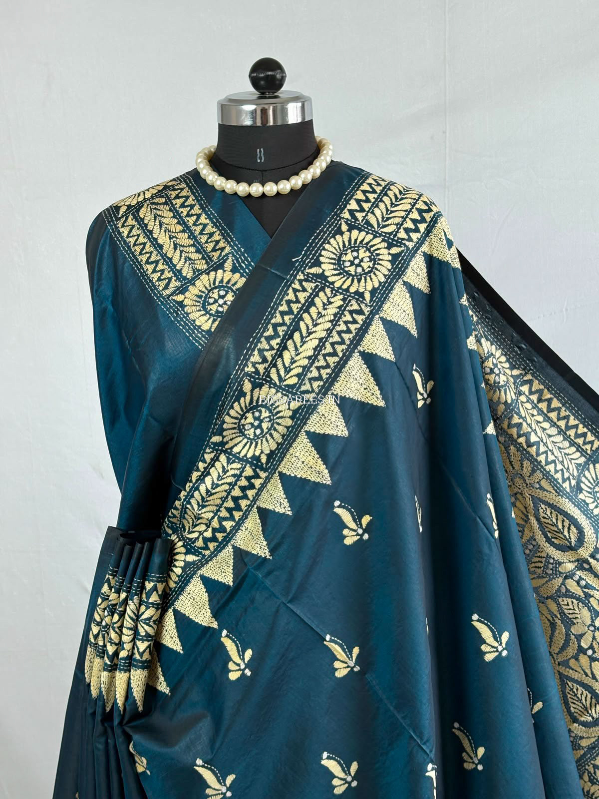 Kantha - Stitch Hand Embroidered Saree | Blended Bangalore Silk / Art Silk | Peacock Blue