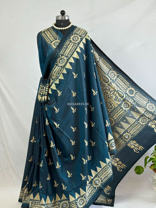 Kantha - Stitch Hand Embroidered Saree | Blended Bangalore Silk / Art Silk | Peacock Blue
