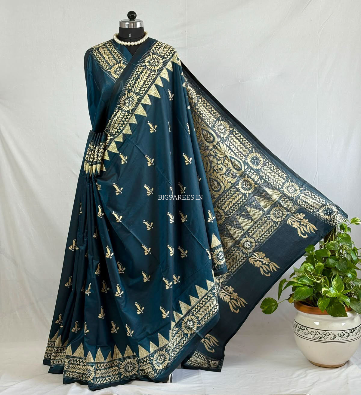 Kantha - Stitch Hand Embroidered Saree | Blended Bangalore Silk / Art Silk | Peacock Blue