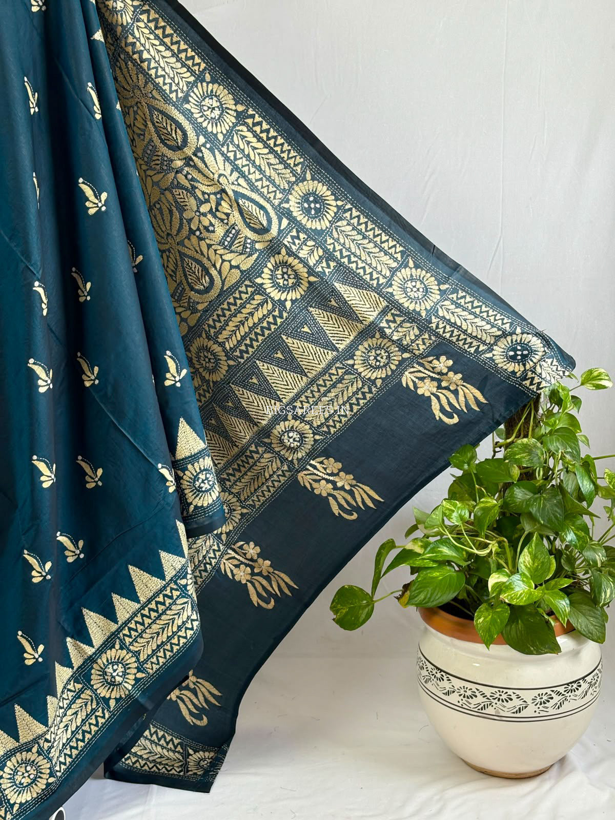 Kantha - Stitch Hand Embroidered Saree | Blended Bangalore Silk / Art Silk | Peacock Blue