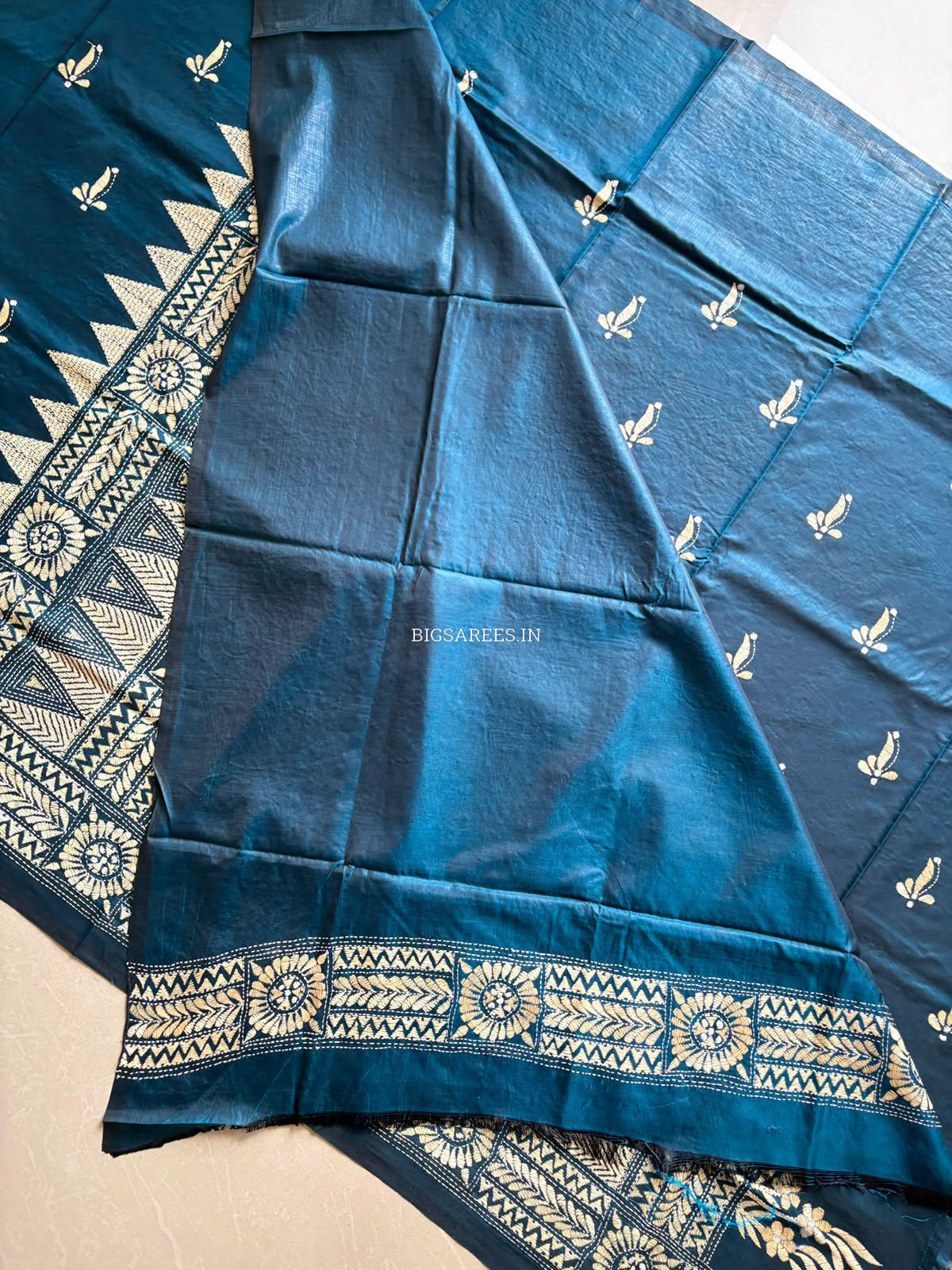 Kantha - Stitch Hand Embroidered Saree | Blended Bangalore Silk / Art Silk | Peacock Blue