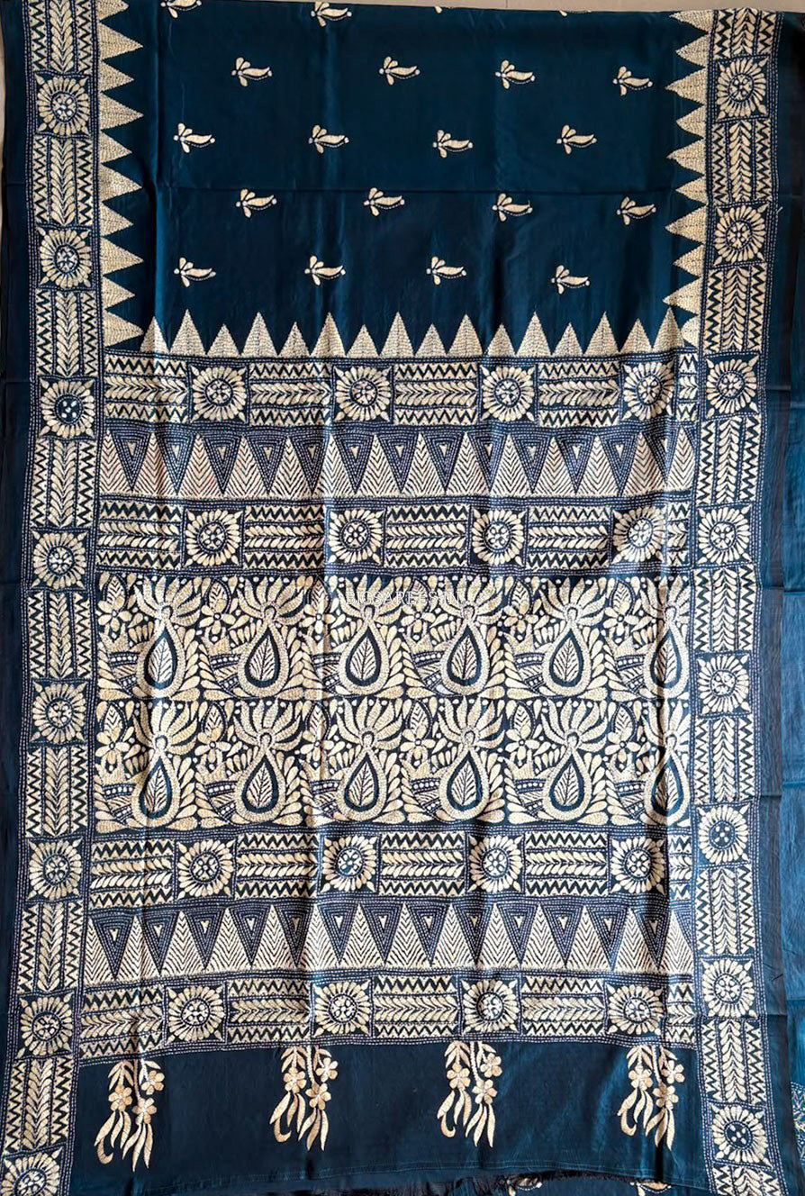 Kantha - Stitch Hand Embroidered Saree | Blended Bangalore Silk / Art Silk | Peacock Blue