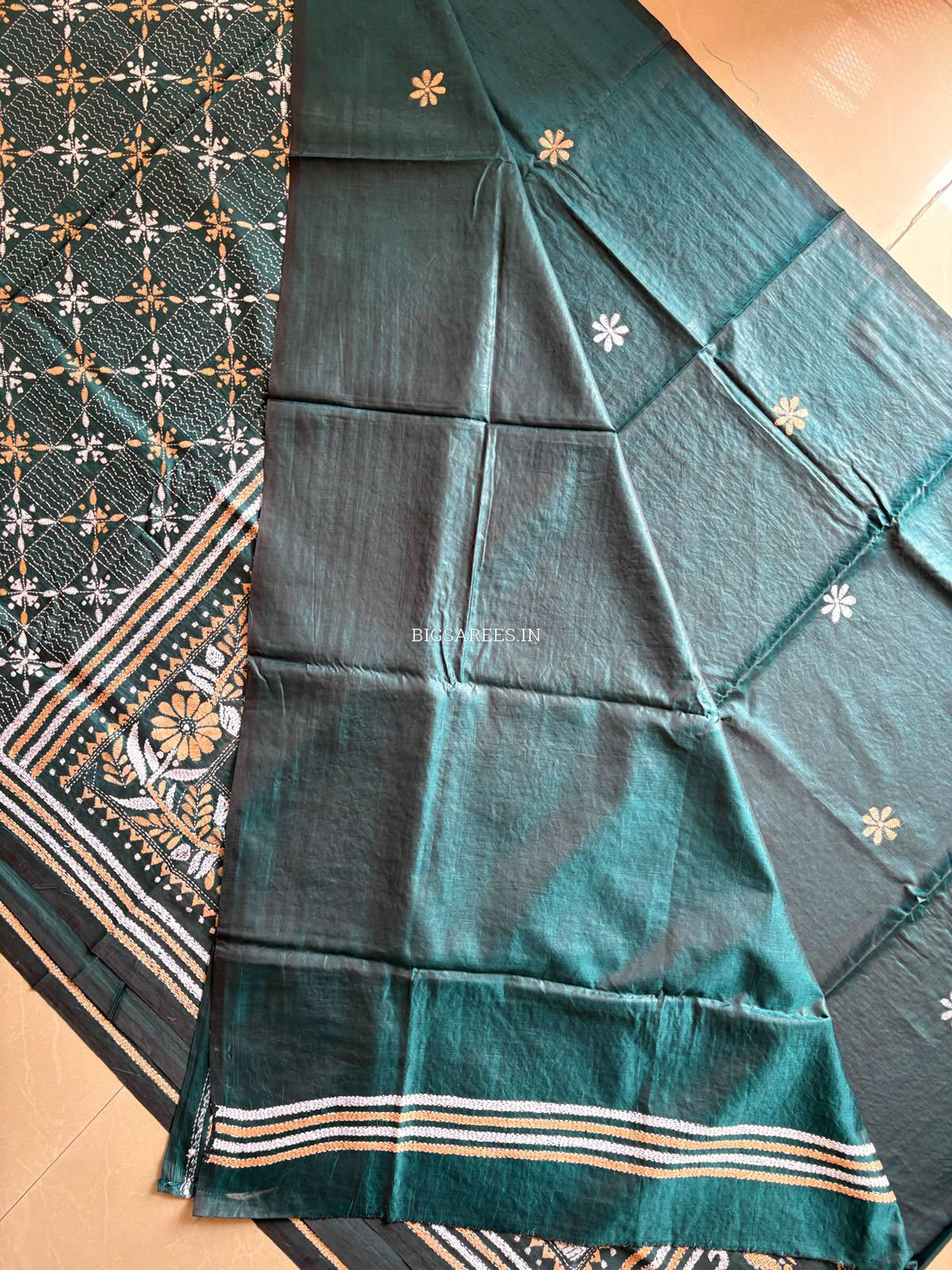 Kantha Stitch Hand Embroidered Saree | Blended Bangalore Silk / Art Silk | Rama Green