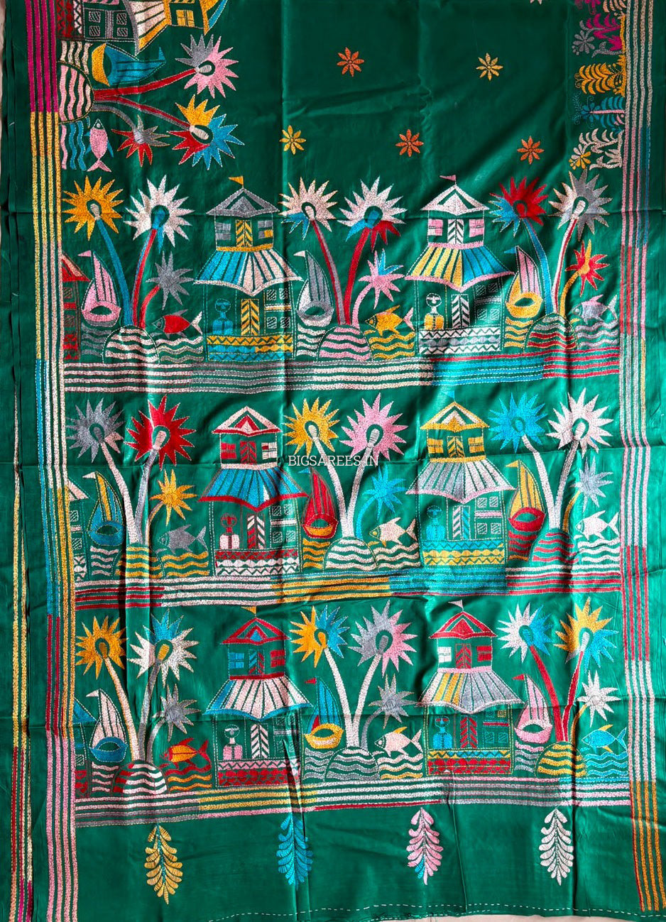 Kantha Stitch Hand Embroidered Saree | Blended Bangalore Silk / Art Silk | Green