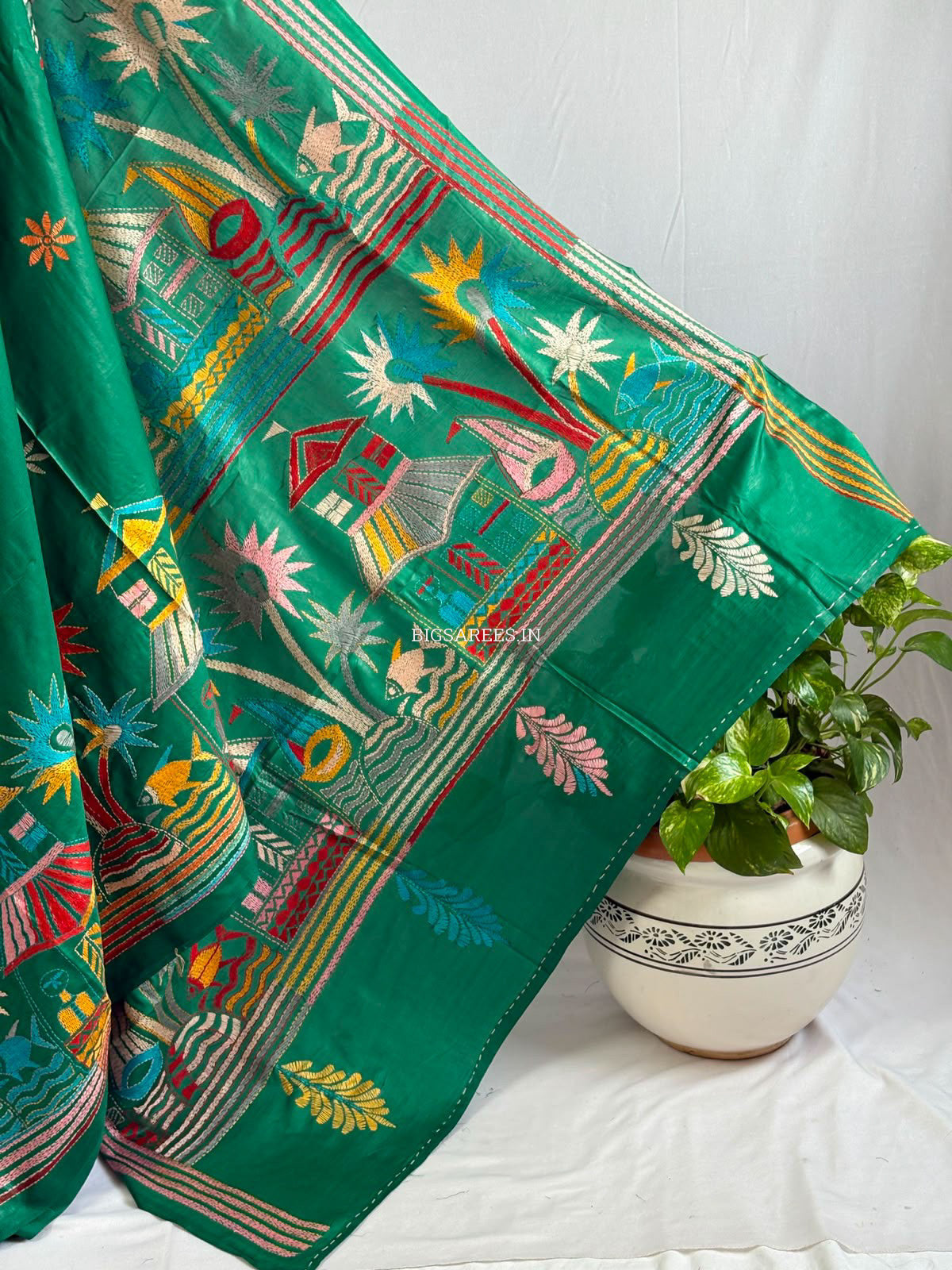 Kantha Stitch Hand Embroidered Saree | Blended Bangalore Silk / Art Silk | Green