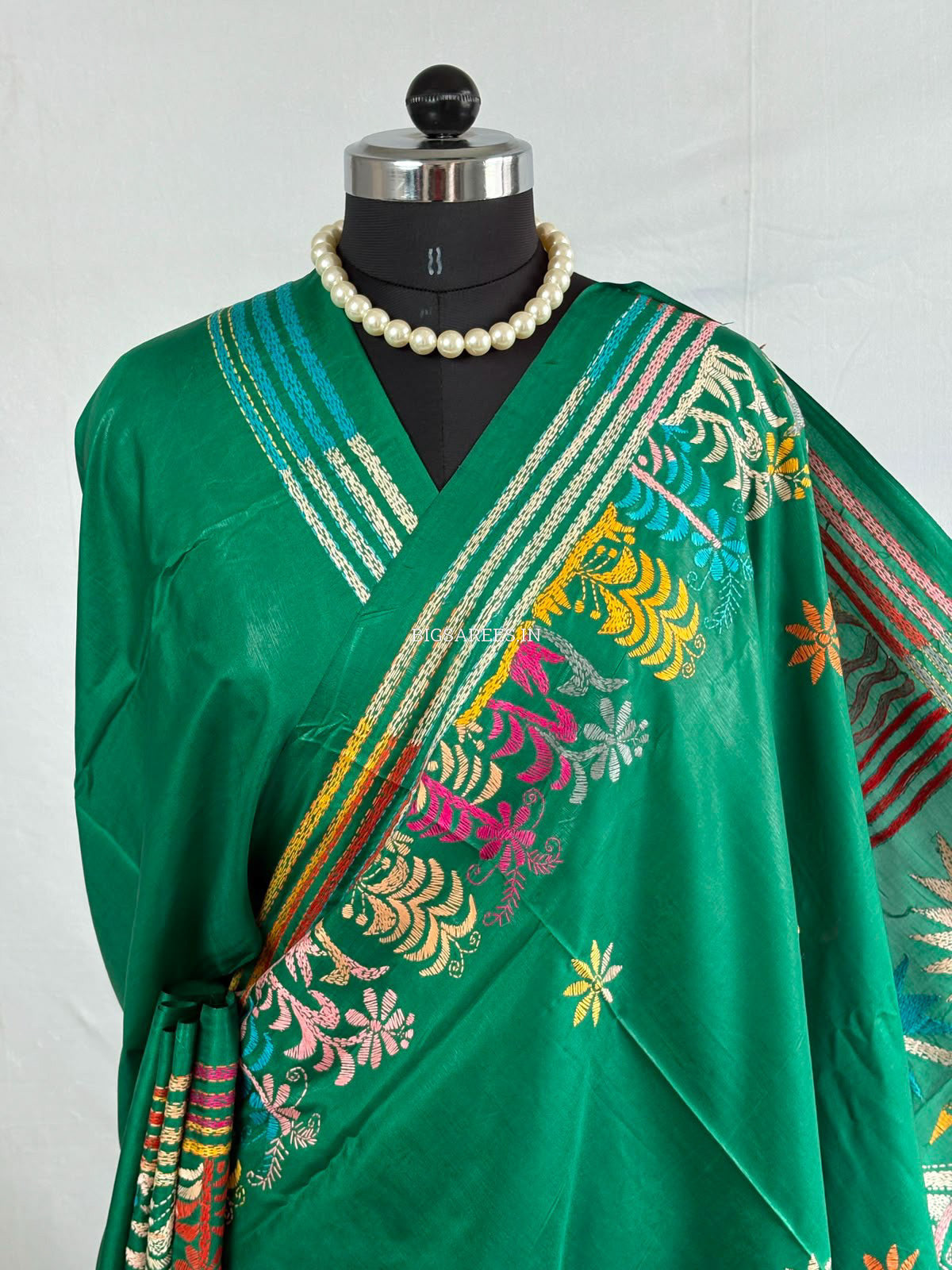 Kantha Stitch Hand Embroidered Saree | Blended Bangalore Silk / Art Silk | Green