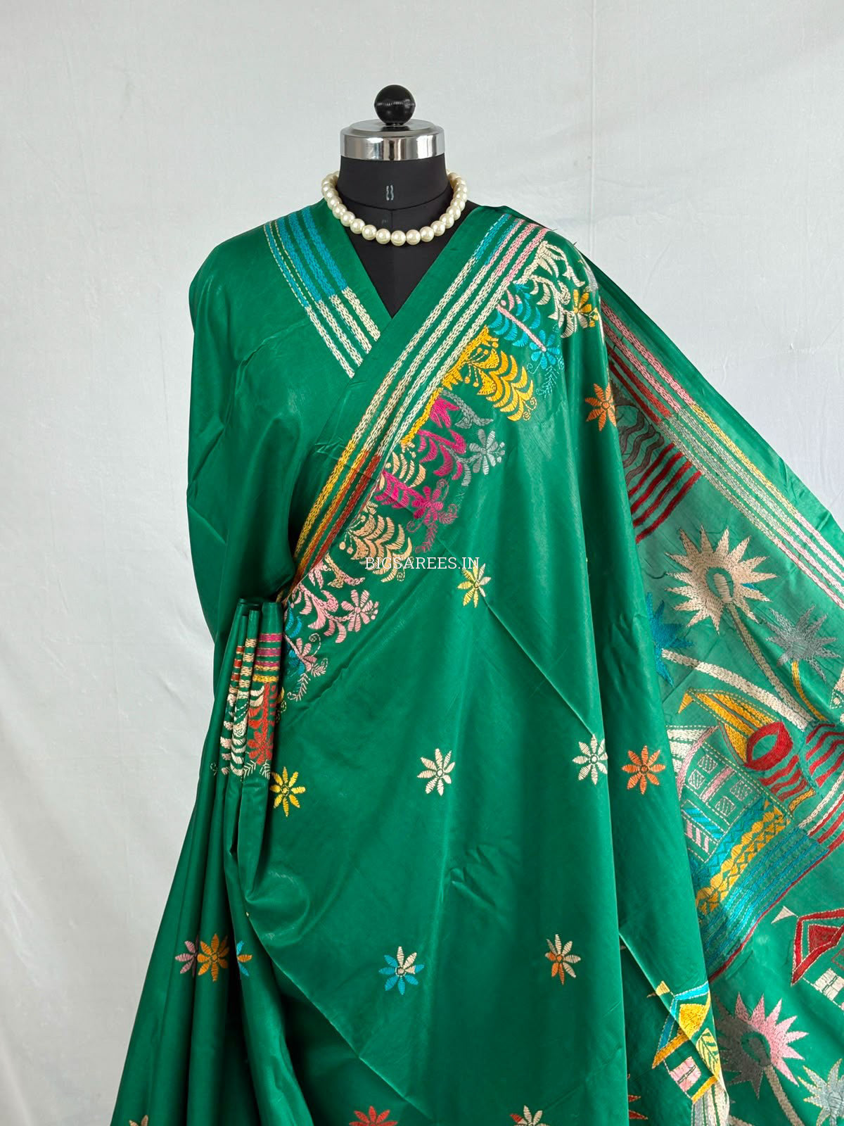 Kantha Stitch Hand Embroidered Saree | Blended Bangalore Silk / Art Silk | Green