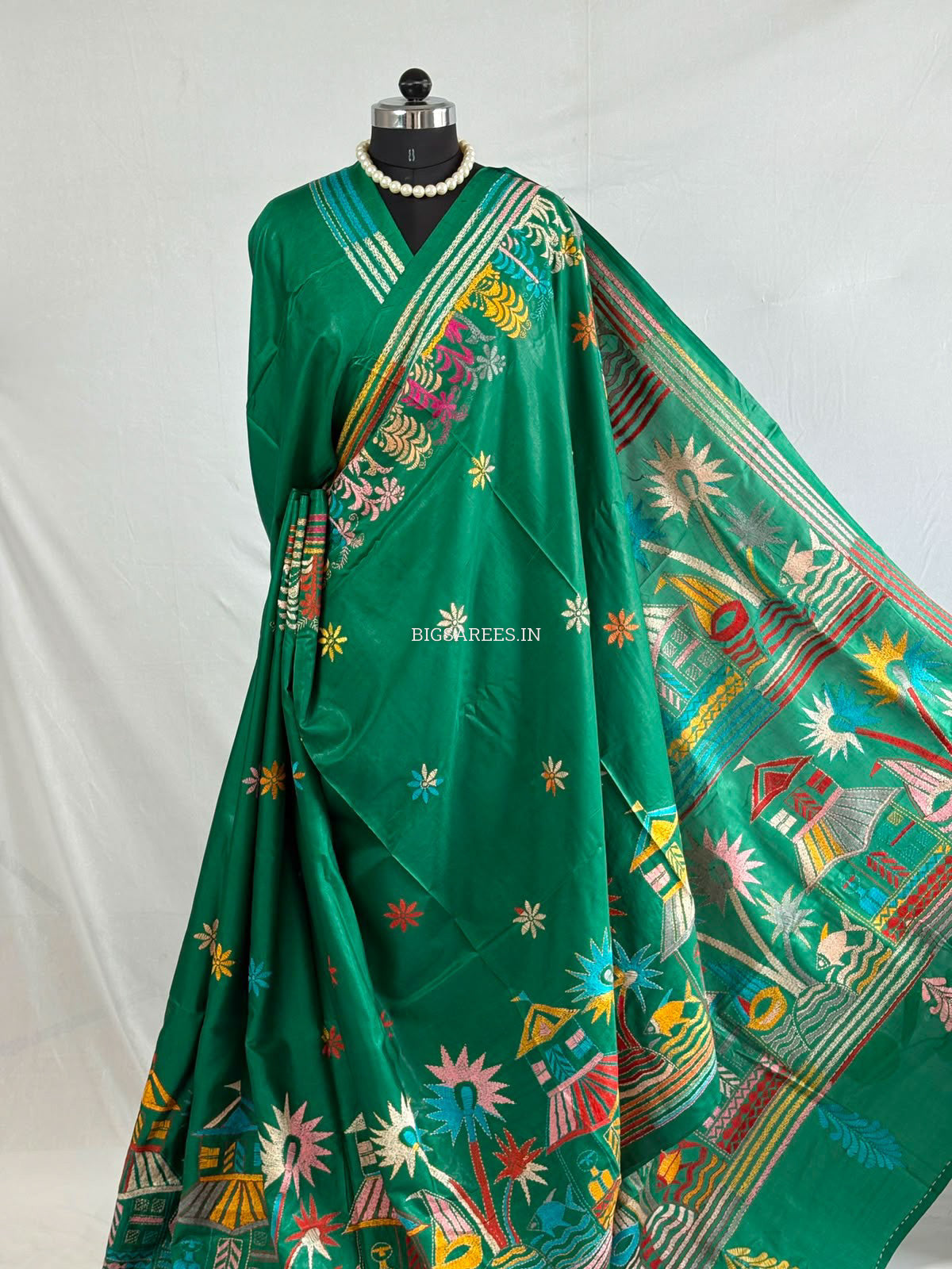 Kantha Stitch Hand Embroidered Saree | Blended Bangalore Silk / Art Silk | Green