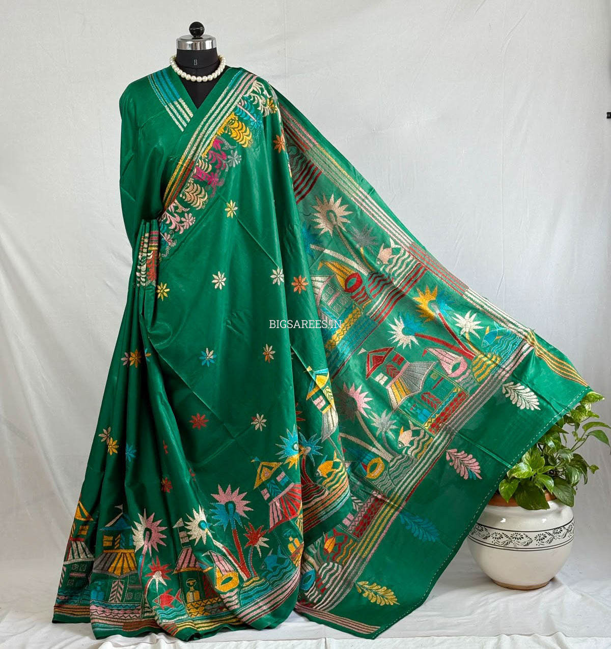 Kantha Stitch Hand Embroidered Saree | Blended Bangalore Silk / Art Silk | Green