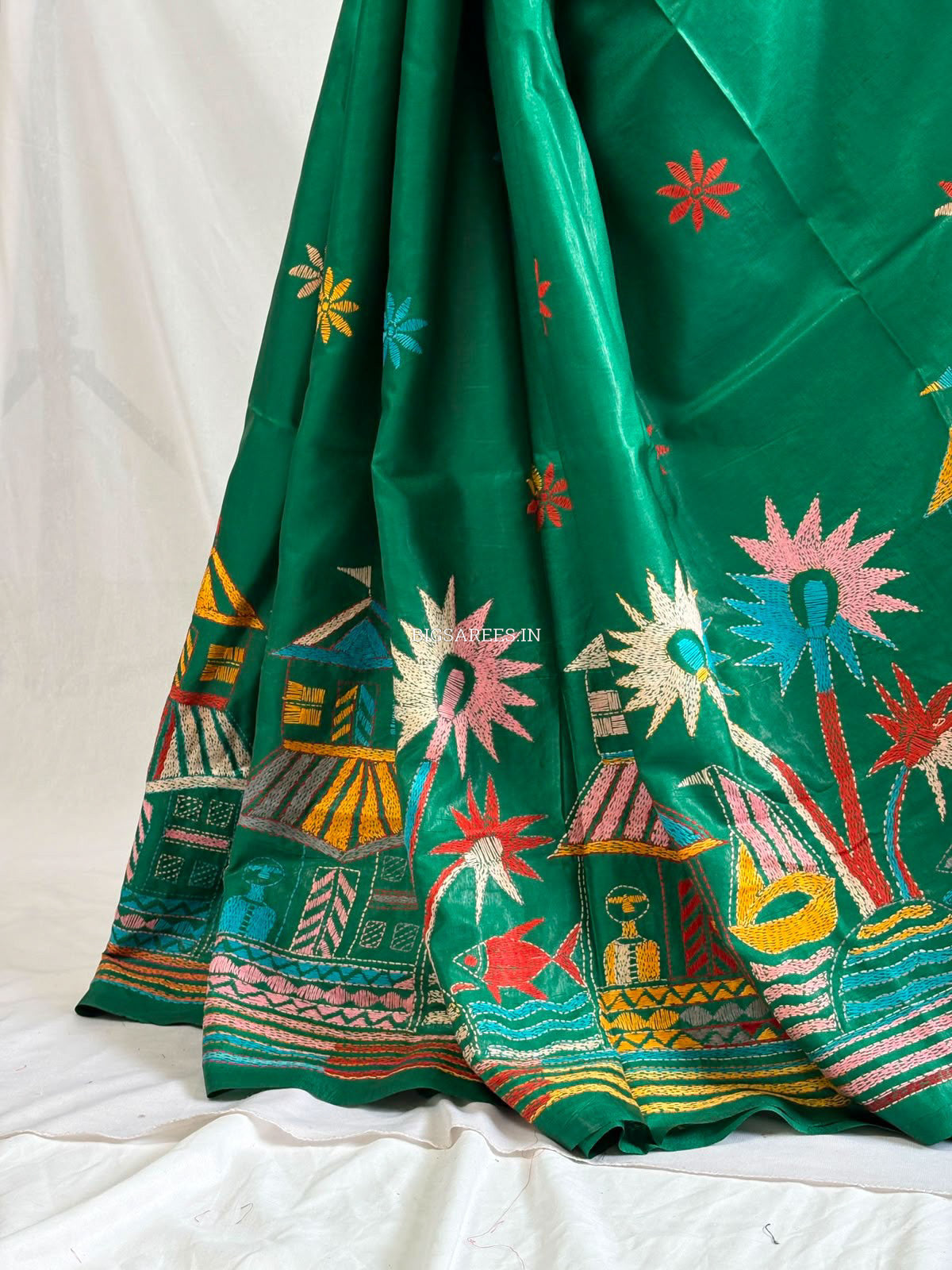 Kantha Stitch Hand Embroidered Saree | Blended Bangalore Silk / Art Silk | Green