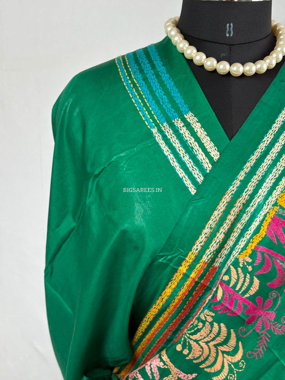 Kantha Stitch Hand Embroidered Saree | Blended Bangalore Silk / Art Silk | Green