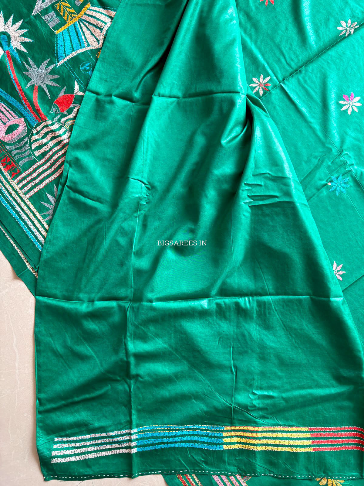 Kantha Stitch Hand Embroidered Saree | Blended Bangalore Silk / Art Silk | Green